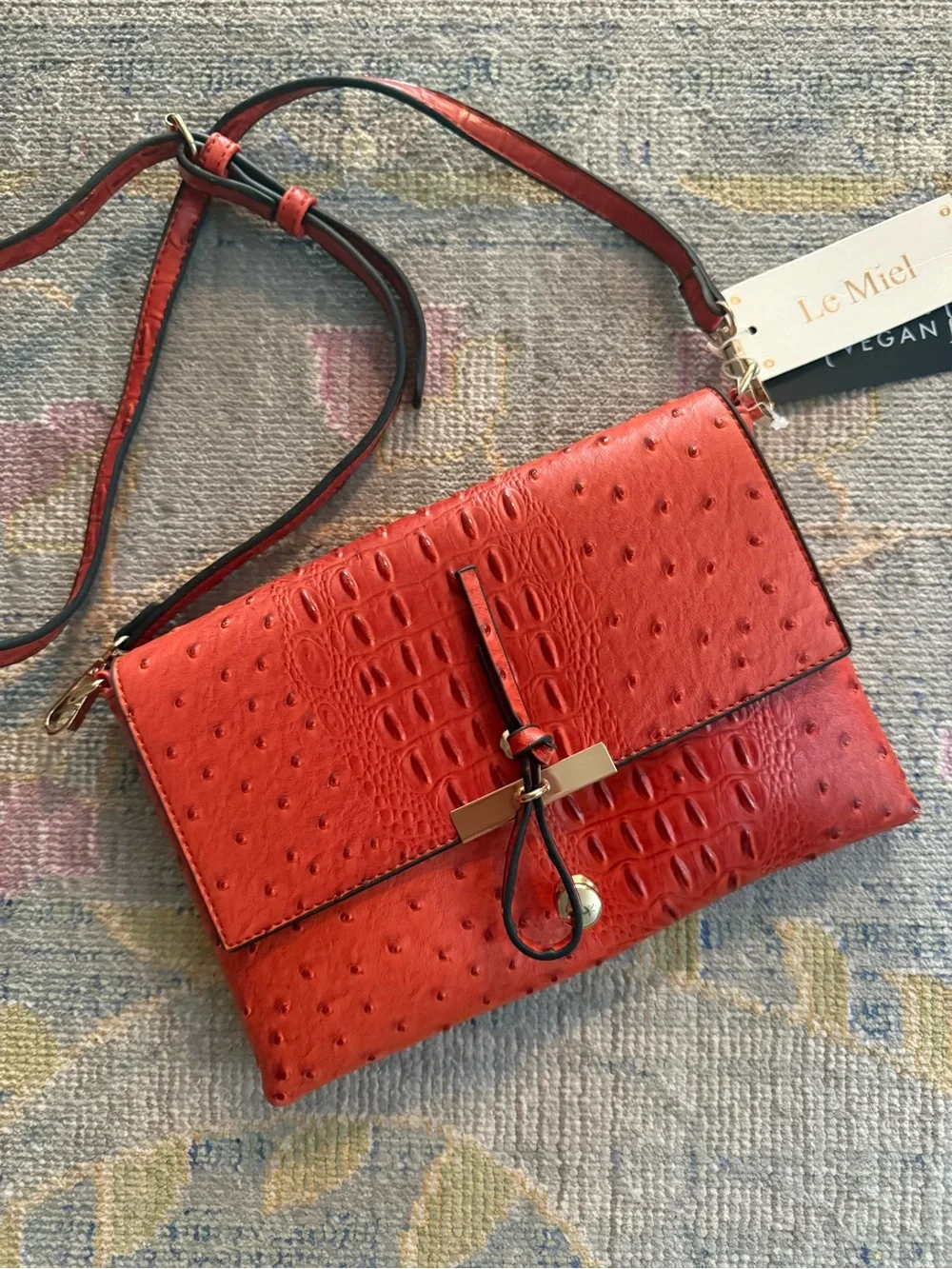 Le Miel Vegan Leather Crossbody |‎ Rust Orange Croc & Ostrich Embossed